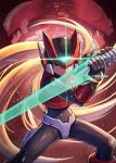  android blonde_hair closed_mouth energy_blade energy_sword helmet highres holding holding_weapon kuroi_susumu male_focus rockman rockman_zero sword weapon zero_(rockman) 