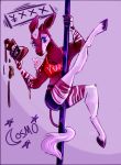  anthro barkingsunshiine beastars blue_eyes bottomwear breasts cleavage clothed clothing cosmo_(beastars) crop_top dancing female food food_fetish food_play giraffid hooves mammal okapi pole pole_dancing shirt shorts solo stripper stripper_pole topwear 