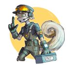  2018 anthro belt_pouch clothing gloves hair handwear hat headgear headphones headset headwear hi_res hunglee mammal mechanic open_mouth overalls rodent sciurid simple_background solo 