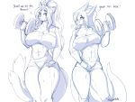  4:3 anthro big_breasts bodily_fluids breasts cleavage clothed clothing dialogue dumbbell english_text exercise female hi_res kiwipotato mammal monochrome muscular muscular_female nipple_outline sweat text weightlifting weights workout 