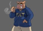  2015 anthro blush bottomwear brown_body brown_fur clothing fur hoodie kemono male mammal oogamikennta overweight overweight_male pants simple_background solo suid suina sus_(pig) text topwear wild_boar 