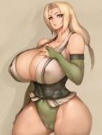  1girl bare_shoulders blonde_hair breasts bridal_gauntlets brown_background brown_eyes cameltoe cleavage collarbone covered_nipples curvy elbow_gloves fingerless_gloves fumio_(rsqkr) gloves highres huge_breasts lips long_hair looking_at_viewer naruto_(series) shadow simple_background solo thick_thighs thighs tsunade white_background wide_hips 