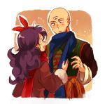  1boy 1girl bald blue_scarf blush chinese_clothes coat commentary_request dragon_ball dragon_ball_(classic) earrings eye_contact flying_sweatdrops green_earrings hetero jewelry long_hair looking_at_another lunch_(dragon_ball) neko_ni_chikyuu open_mouth purple_hair red_scarf scarf tenshinhan third_eye winter_clothes 