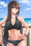  1girl alternate_costume bare_shoulders beach bikini black_bikini black_hair bracelet breasts cleavage cowboy_shot highres jewelry kantai_collection large_breasts long_hair machi_(ritovoyage) midriff nagato_(kantai_collection) navel red_eyes ring solo swimsuit wedding_band 