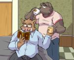  2015 anthro beverage blush book bottomwear brown_body brown_fur clothing coffee detailed_background duo eyewear fur glasses humanoid_hands kemono male male/male mammal oogamikennta overweight overweight_male pants reading shirt sitting suid suina sus_(pig) topwear ursid wild_boar 