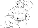  2015 4:3 anthro asian_clothing belly bodily_fluids bulge canid canine canis clothing domestic_dog east_asian_clothing fundoshi humanoid_hands japanese_clothing kemono male mammal monochrome moobs navel nipples oogamikennta overweight overweight_male simple_background solo sweat underwear white_background 
