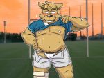  2014 4:3 anthro belly blush bottomwear brown_body brown_fur canid canine canis clothed clothing domestic_dog fur humanoid_hands jockstrap kemono male mammal moobs navel nipples oogamikennta open_shirt outside shirt shorts slightly_chubby solo topwear underwear 