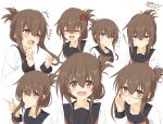 1girl :d @_@ anger_vein bespectacled black_sailor_collar brown_eyes brown_hair folded_ponytail glasses inazuma_(kantai_collection) kantai_collection kisaragi_yuu_(re:lucks) long_hair looking_at_viewer multiple_views neckerchief open_mouth pout red_neckwear sailor_collar school_uniform serafuku shirt simple_background smile upper_body white_background white_shirt 