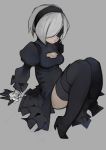  1girl black_blindfold black_dress black_gloves black_hairband black_legwear blindfold boots breasts cleavage dress gloves hairband highres nier_(series) nier_automata short_hair silver_hair simple_background solo tekito03 thighhighs yorha_no._2_type_b 