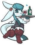  &lt;3 absolute_territory absurd_res accessory alcohol anthro beverage blue_body blue_eyes blue_fur blue_markings blush butt butt_pose clothing digitigrade eeveelution female fishnet fishnet_legwear fur glaceon hair_accessory hair_bow hair_ribbon hi_res holding_object legwear long_tail looking_at_viewer looking_back markings mosa_(pixiv) nintendo platter pok&eacute;mon pok&eacute;mon_(species) pose raised_leg ribbons short_stack simple_background solo stockings thick_thighs video_games waiter white_background wine 