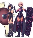  2girls absurdres ahoge arm_at_side armor armored_boots black_hair blush boots closed_mouth commentary cosplay costume_switch crossover elbow_gloves eyebrows_visible_through_hair fate/grand_order fate_(series) full_body gloves hair_between_eyes hair_ornament hair_over_one_eye high_heels highres holding_shield itai_no_wa_iya_nano_de_bougyoryoku_ni_kyokufuri_shitai_to_omoimasu lavender_hair maple_(bofuri) mash_kyrielight motsu_(onli_neet) multiple_girls purple_eyes shield short_hair smile standing thigh_strap thighhighs white_background 
