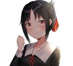  1girl bangs black_dress black_hair blush collarbone collared_dress commentary_request dress eyebrows_visible_through_hair folded_ponytail hair_ribbon hand_up kaguya-sama_wa_kokurasetai_~tensai-tachi_no_renai_zunousen~ kubong long_sleeves looking_at_viewer neck_ribbon parted_bangs red_eyes red_ribbon ribbon school_uniform shinomiya_kaguya sidelocks simple_background solo upper_body white_background 