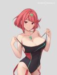  1girl areola_slip areolae bangs bare_hips bare_shoulders black_swimsuit blush breasts cleavage closed_mouth collarbone competition_swimsuit cowboy_shot dakkalot earrings gem groin homura_(xenoblade_2) jewelry large_breasts looking_at_viewer one-piece_swimsuit pulled_by_self red_eyes red_hair short_hair smile solo strap_pull swept_bangs swimsuit tiara xenoblade_(series) xenoblade_2 