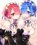  2girls bangs bare_shoulders blue_eyes blue_hair blush breasts cleavage commentary_request detached_sleeves dress frills hair_ornament hair_over_one_eye hair_ribbon highres large_breasts looking_at_viewer maid maid_headdress maria_(maria0304) medium_breasts multiple_girls open_mouth pink_eyes pink_hair purple_ribbon ram_(re:zero) re:zero_kara_hajimeru_isekai_seikatsu rem_(re:zero) ribbon short_hair siblings sisters smile twins x_hair_ornament 