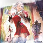  1girl alisaie_leveilleur bangs blue_eyes boots cropped_jacket cup dress earrings elezen elf final_fantasy final_fantasy_xiv fur_trim hair_between_eyes jewelry long_hair looking_at_viewer mug official_art pointy_ears rapier red_dress smile solo standing sweat sword target thigh_boots thighhighs towel watermark weapon white_hair 