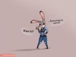  12-9 2020 anthro carrot_pen clothed clothing dialogue disney english_text fully_clothed fur grey_body grey_fur hi_res holding_object judy_hopps lagomorph leporid light lighting mammal police_uniform rabbit shadow simple_background solo speech_bubble text uniform url zootopia 