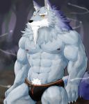  abs anthro black_clothing black_nose black_underwear blue_body blue_fur blush canid canine canis claws clothed clothing eurobeat eyebrows fur hi_res law_(sdorica_sunset) looking_at_viewer male mammal muscular muscular_male navel nipples pecs pubes sdorica_sunset solo topless underwear wolf 