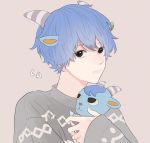  1boy animal_ears blue_hair doubutsu_no_mori furry goat goat_ears goat_horns grey_background highres hug humanization personification rem_(doubutsu_no_mori) snnniki solo 