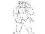  2015 4:3 anthro asian_clothing belly blush bulge clothing clsoed_eyes east_asian_clothing eyes_closed fundoshi hoodie humanoid_hands japanese_clothing kemono male mammal monochrome moobs navel oogamikennta open_hoodie overweight overweight_male simple_background solo topwear underwear ursid white_background 