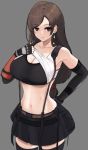  1girl breasts brown_eyes brown_hair cleavage desspie earrings final_fantasy final_fantasy_vii final_fantasy_vii_remake gloves highres jewelry large_breasts navel skirt smile solo sports_bra suspender_skirt suspenders sweat tank_top thighhighs tifa_lockhart undershirt 