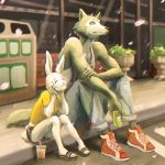  1:1 2020 anthro beastars beverage bottomwear bubble_tea building canid canine canis cheek_tuft clothed clothing cup detailed_background duo eyes_closed facial_tuft female footwear fully_clothed fur grey_body grey_fur haru_(beastars) holding_can hotpants legoshi_(beastars) male mammal outside pants petals shirt shoes shorts sitting sizzlingparsnip straw t-shirt tank_top topwear tuft white_body white_fur wolf 
