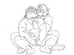  2016 4:3 anthro clothing cute_fangs duo eyewear glasses hug hugging_from_behind kemono male male/male mammal monochrome oogamikennta overweight overweight_male shirt simple_background topwear underwear ursid white_background 