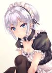  1girl absurdres alternate_costume apron black_dress black_legwear blue_eyes breasts cleavage closed_mouth commentary_request dress ear_piercing earrings enmaided eyebrows_visible_through_hair frilled_apron frilled_dress frilled_sleeves frills grey_hair highres jewelry looking_at_viewer maid maid_apron maid_day maid_dress maid_headdress original piercing puffy_short_sleeves puffy_sleeves shashaki short_hair short_sleeves sidelocks sitting skirt solo thighhighs upper_body white_apron 