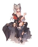  1girl :d animal_ears bare_shoulders between_legs black_coat black_footwear black_legwear black_shorts braid breasts choker cleavage coat erune fraux granblue_fantasy grey_hair hand_up high_heels highres long_hair looking_at_viewer medium_breasts micro_shorts off_shoulder open_clothes open_coat open_mouth red_eyes revealing_clothes shorts side_cutout sitting smile solo swd3e2 thighhighs thighs twintails 