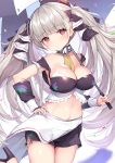  1girl adapted_costume azur_lane bare_shoulders between_breasts black_shorts bow breasts choker cleavage cowboy_shot crop_top detached_sleeves formidable_(azur_lane) frills gedou_(shigure_seishin) hair_bow hand_on_hip head_tilt high_heels highres holding large_breasts leg_up long_hair looking_at_viewer midriff navel plump race_queen red_eyes short_shorts shorts silver_hair sleeveless solo stomach thighs twintails umbrella very_long_hair 