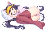  1girl animal_ear_fluff animal_ears ass black_hair black_panties blush cat_ears cat_girl cat_tail commentary_request fang full_body green_eyes grey_hair hands_up highres kyaru_(princess_connect!) long_hair looking_at_viewer low_twintails lying mask mask_on_head multicolored_hair no_shoes on_side one_eye_closed open_mouth panties pillow pink_shirt pink_shorts princess_connect! princess_connect!_re:dive red_legwear shirt short_shorts shorts sleep_mask solo streaked_hair tail thighhighs tomo_(user_hes4085) twintails underwear very_long_hair white_background 