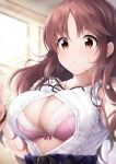  1girl bangs belt blush bra breasts brown_eyes brown_hair bursting_breasts cleavage collarbone frills garana highres idolmaster idolmaster_cinderella_girls large_breasts long_hair open_mouth pink_bra shirt sleeveless sleeveless_shirt solo totoki_airi underwear white_shirt window 