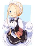  :d abigail_williams_(fate/grand_order) alternate_costume alternate_hair_ornament black_dress blonde_hair blue_background blue_eyes blush bow braid chata_maru_(irori_sabou) commentary_request dress fate/grand_order fate_(series) frills headdress highres keyhole looking_at_viewer one_eye_closed open_mouth orange_bow short_hair_with_long_locks sidelocks simple_background sleeves_past_wrists smile stuffed_animal stuffed_toy teddy_bear white_background white_dress 