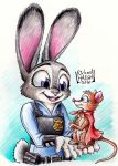  2016 anthro belt blue_background brown_body brown_fur buckteeth cape clothed clothing disney don_bluth duo eye_contact fur grey_body grey_fur hi_res holding_character judy_hopps lagomorph leporid looking_at_another mammal mouse mrs._brisby murid murine open_mouth open_smile penmark police_uniform purple_eyes rabbit rodent simple_background smile teeth the_secret_of_nimh uniform zootopia 