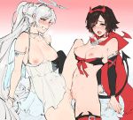  2girls armlet black_hair black_legwear blush bracelet breasts breasts_outside cape chemise choker commentary demon_tail detached_sleeves earrings english_commentary fake_horns hairband halo heavy_breathing highres horns jewelry kenshin187 long_hair medium_breasts multiple_girls navel nipples o-ring o-ring_choker open_mouth ponytail pussy pussy_juice red_cape red_choker red_hairband ruby_rose rwby see-through short_hair silver_hair sketch spread_legs sweat tail thighhighs tribadism uncensored very_long_hair weiss_schnee white_choker yuri 