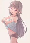  1girl absurdres bare_shoulders blush bow bow_panties camisole camisole_lift commentary eyebrows_visible_through_hair grey_hair grey_panties hair_down highres lifted_by_self long_hair looking_at_viewer makaino_ririmu multicolored_hair navel nijisanji open_mouth panties pointy_ears red_eyes red_hair sabamen sidelocks simple_background smile solo strap_slip streaked_hair underwear virtual_youtuber 