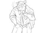  2015 4:3 anthro bottomwear canid canine canis clothing domestic_dog humanoid_hands kemono male mammal monochrome necktie oogamikennta pants shirt simple_background slightly_chubby smoking solo topwear white_background 