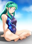  1girl absurdres blue_eyes blue_sky blue_swimsuit cloud commentary_request competition_swimsuit green_hair highleg highleg_swimsuit highres indian_style long_hair looking_at_viewer lum multicolored_hair nanao_futaba one-piece_swimsuit oni_horns pointy_ears sitting sky solo swimsuit tile_floor tiles two-tone_hair urusei_yatsura 