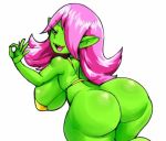  big_breasts big_butt bottomless breasts butt clothed clothing dart_(thecon) female goblin green_body green_skin hair huge_butt humanoid looking_back pink_hair simple_background solo thecon thick_thighs white_background 