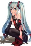  1girl angdo_(kakajo26) aqua_hair bare_shoulders black_gloves black_legwear black_skirt blue_eyes breasts cosplay crop_top elbow_gloves final_fantasy final_fantasy_vii final_fantasy_vii_remake fingerless_gloves fingersmile gloves hatsune_miku highres long_hair looking_at_viewer medium_breasts midriff miniskirt pleated_skirt red_footwear shadow shirt shoes skirt sleeveless sleeveless_shirt smile solo squatting suspenders thighhighs tifa_lockhart tifa_lockhart_(cosplay) twintails v vambraces very_long_hair vocaloid white_background white_shirt zettai_ryouiki 