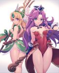  2girls angela_(seiken_densetsu_3) bare_shoulders blonde_hair chingisu commentary earrings gloves green_eyes green_leotard headgear jewelry leotard long_hair low-tied_long_hair multiple_girls pointy_ears polearm purple_eyes purple_hair red_leotard riesz seiken_densetsu seiken_densetsu_3 spear staff tagme weapon 