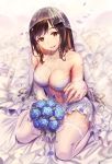  1girl artist_name bare_shoulders bed_sheet blue_flower blue_rose blush bouquet breasts bridal_gauntlets bridal_veil bride brown_eyes brown_hair collarbone dress elbow_gloves eyebrows_visible_through_hair flower frilled_dress frills glint gloves hand_up head_tilt highres holding holding_bouquet jewelry lace lace-trimmed_dress lace-trimmed_gloves lace-trimmed_legwear lips long_hair looking_at_viewer looking_up medium_breasts navel navel_cutout original parted_lips petals ring rose see-through side_cutout signature sitting sleeveless sleeveless_dress smile solo thighhighs ulquiorra0 veil wariza wedding_dress wedding_ring white_dress white_gloves white_legwear 