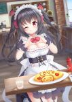  ;) a4_takahashi apron black_footwear black_hair bow breasts chair cleavage coffee_grinder flower food garter_straps glass heart heart_hands highres indoors ketchup long_hair maid omurice one_eye_closed original phonograph pink_bow smile spoon table tongue tongue_out very_long_hair waitress white_legwear window wristband 