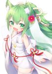  1girl :d animal_ear_fluff animal_ears azur_lane bangs bare_shoulders bell closed_fan commentary_request eyebrows_visible_through_hair fan fang flower folding_fan garter_straps green_eyes green_hair hair_between_eyes hair_flower hair_ornament highres isokaze_(azur_lane) japanese_clothes jingle_bell kimono kokone_(coconeeeco) long_hair long_sleeves looking_at_viewer obi off_shoulder open_mouth ponytail purple_flower red_flower sash simple_background sleeveless sleeveless_kimono sleeves_past_wrists smile solo thick_eyebrows thighhighs very_long_hair white_background white_kimono white_legwear wide_sleeves 