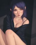  1girl bangs blurry_foreground breasts camisole cleavage glasses highres jewelry kamishiro_rize lips long_hair medium_breasts miura-n315 necklace parted_bangs purple_hair red-framed_eyewear red_eyes sitting solo tokyo_ghoul 