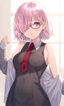  1girl bangs bare_shoulders black_dress blurry blurry_background blush breasts dress fate/grand_order fate_(series) glasses hair_over_one_eye highres indoors kuroki_(ma-na-tu) looking_at_viewer mash_kyrielight medium_breasts necktie off_shoulder parted_lips pink_hair purple_eyes short_hair solo undressing 