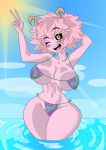  absurd_res ashido_mina big_breasts bikini breasts clothing cute_face female hair hi_res horn horned_humanoid humanoid looking_at_viewer mammal my_hero_academia smile solo swimwear thick_thighs 