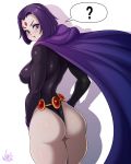  1girl ? absurdres ass belt blush breasts cape covered_nipples dc_comics forehead_jewel from_behind grey_skin highres hood hood_down hooded_cape impossible_clothes impossible_leotard jmg leotard looking_back loose_belt medium_breasts pale_skin purple_eyes purple_hair raven_(dc) short_hair skin_tight solo spoken_question_mark superhero teen_titans thick_thighs thighs thong_leotard 