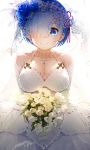  1girl alternate_costume baisi_shaonian bare_shoulders blue_eyes blue_flower blue_hair blue_rose blush bouquet breasts bridal_veil bride cleavage closed_mouth collarbone commentary_request detached_sleeves dress elbow_gloves eyebrows_visible_through_hair eyes_visible_through_hair flower gloves hair_flower hair_ornament hair_over_one_eye hair_ribbon highres holding holding_bouquet jewelry large_breasts looking_at_viewer necklace pink_ribbon re:zero_kara_hajimeru_isekai_seikatsu rem_(re:zero) ribbon rose short_hair smile solo veil wedding_dress white_dress white_flower white_gloves x_hair_ornament 