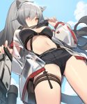  1girl animal_ears arknights belt belt_pouch black_shirt black_shorts breasts cat_ears cat_girl cat_tail cloud commentary crop_top from_below grey_hair hand_up jacket long_hair long_sleeves looking_at_viewer medium_breasts midriff navel open_clothes open_jacket ponytail pouch schwarz_(arknights) see-through shirt short_shorts shorts solo stomach tail thigh_strap thighs very_long_hair yellow_eyes yura_(botyurara) 