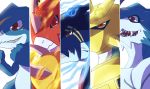  2017 anthro armor blue_body claws digimon digimon_(species) digimon_crest evolutionary_family exveemon fire flamedramon fufufuro grey_markings horn light lighting magnamon male markings open_mouth raidramon red_eyes reptile scalie sharp_teeth smile symbol teeth tongue veemon white_body yellow_markings 